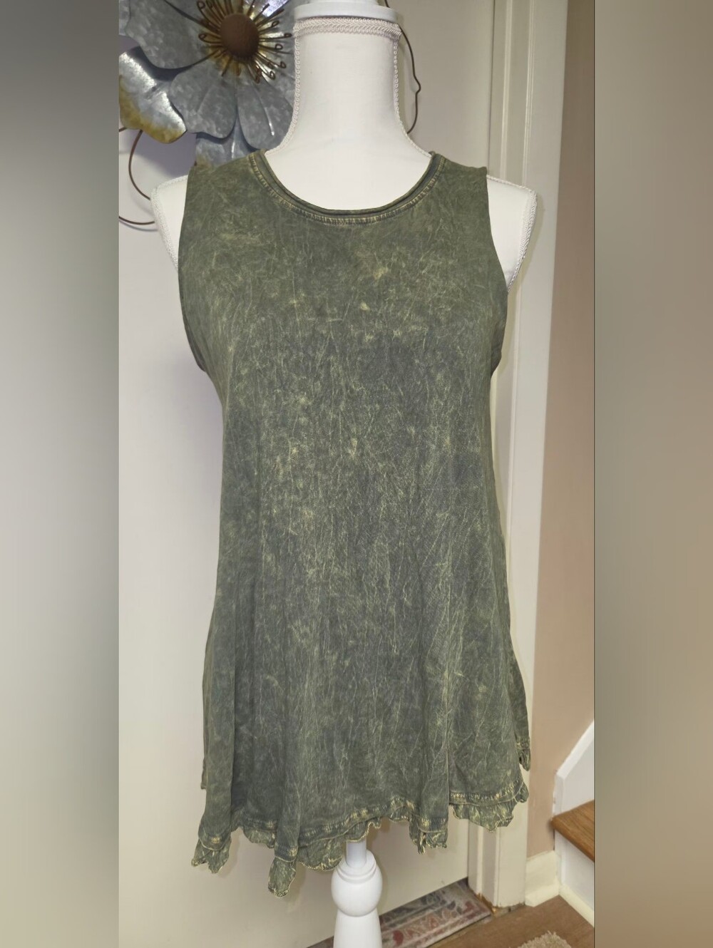 Altar'd State Washed Olive Green Tank with Lace Trim